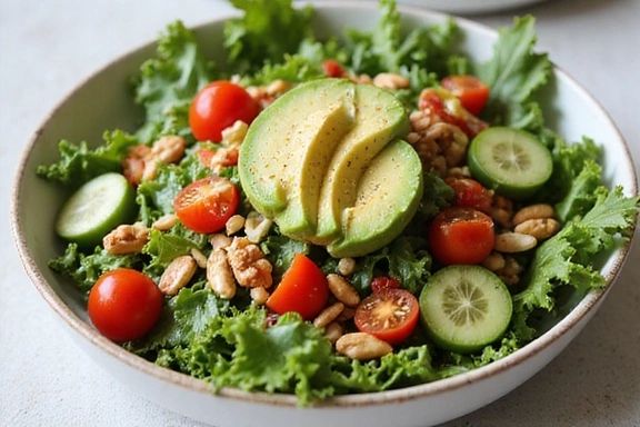 Una ciotola colorata di insalata fresca con verdure, frutta secca e un condimento leggero.