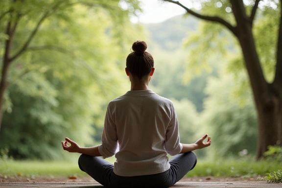 Una persona che medita tranquillamente in un ambiente sereno, simboleggiando la gestione dello stress.