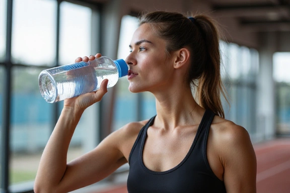 Atleta che beve da una borraccia dopo l'allenamento, con sfondo sfocato di una pista da corsa, simbolo di idratazione e recupero.