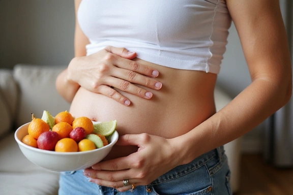 Donna incinta che accarezza la pancia mentre mangia una ciotola di frutta fresca, in un ambiente domestico accogliente.