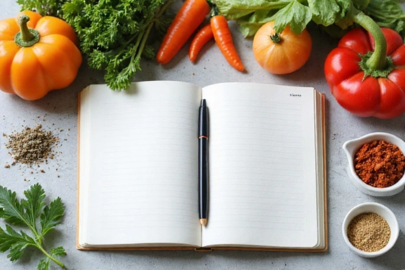 Taccuino aperto con penna e una varietà di ingredienti freschi come verdure e spezie, simboleggiando la pianificazione dei pasti.